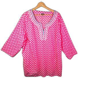 Talbots Plus Tunic Hot Pink 3X Boho Embroidered Split Neck Cotton Floral